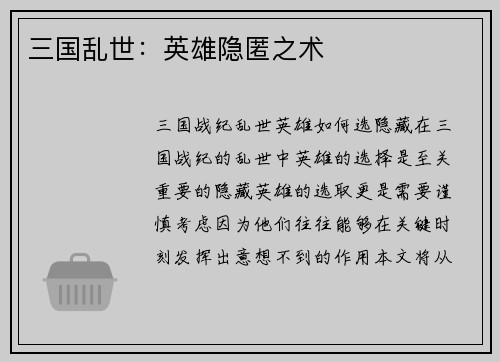 三国乱世：英雄隐匿之术